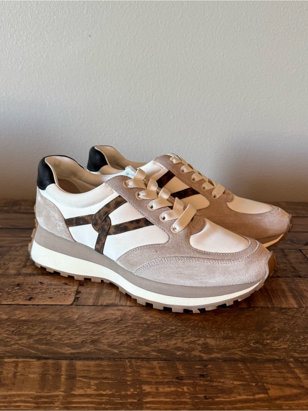 Veronica Beard Valentina Beige, White & Brown Suede Leopard-Accent Sneakers - Picture 4 of 13